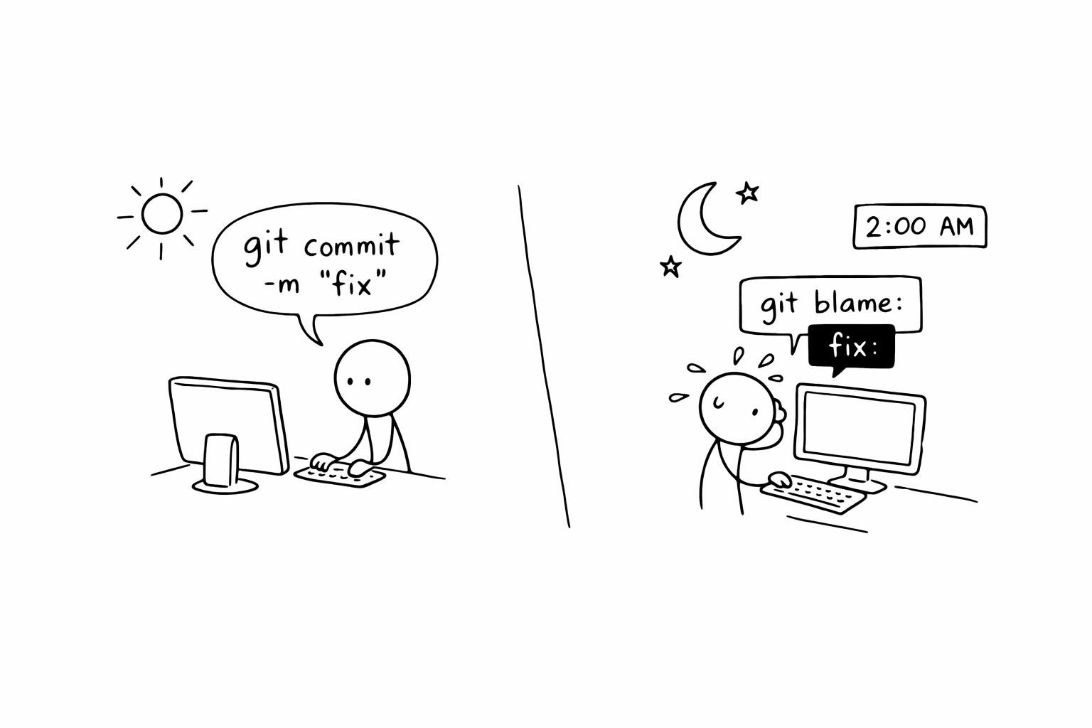 The 2am git blame - a stick figure happily committing "fix" during the day, then panicking at 2am when git blame shows that same unhelpful message